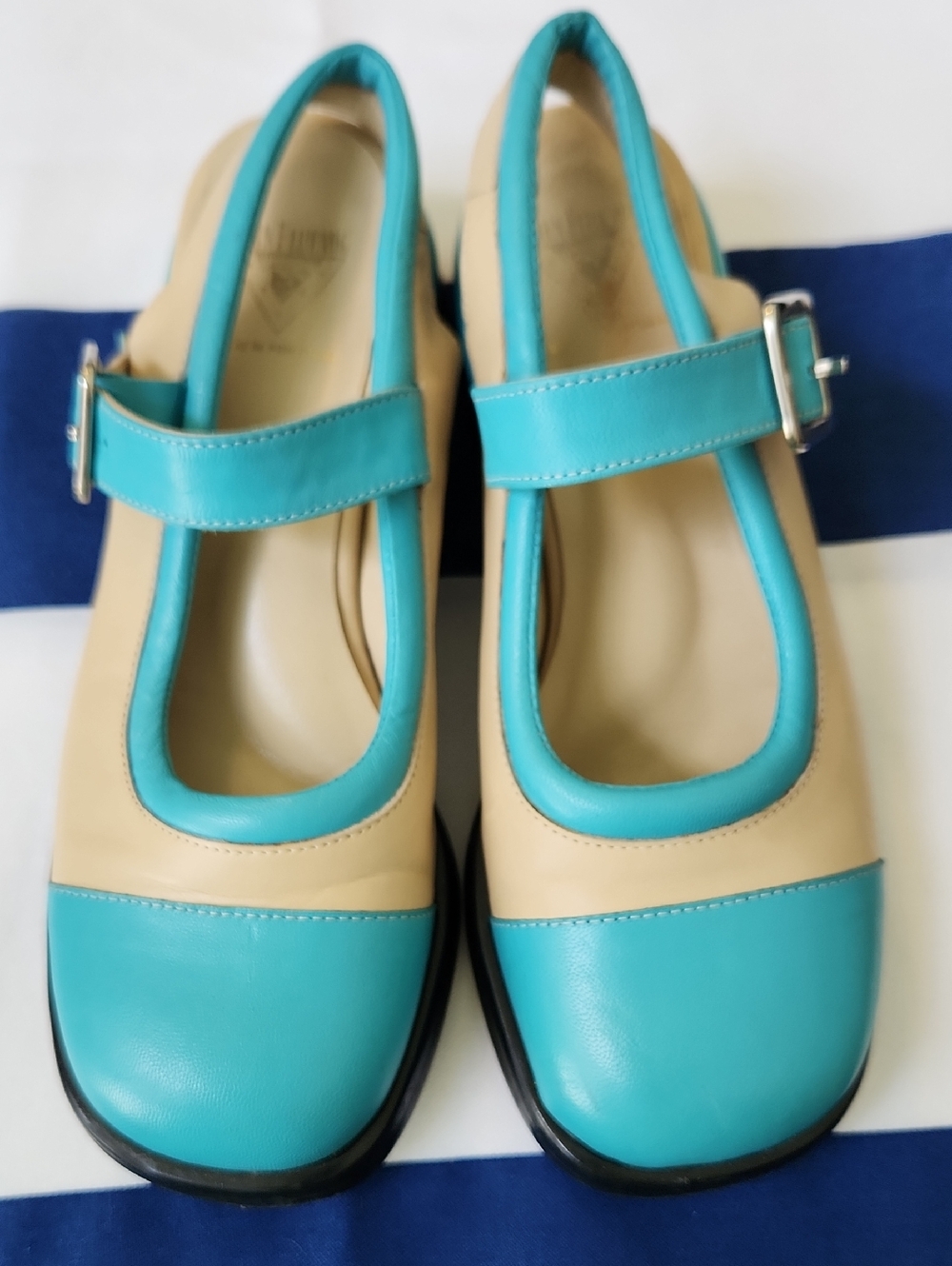 John Fluevog Turquoise and Beige Mary Jane Flats